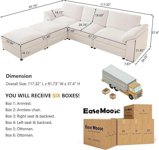 EASE MOOSE Oversized U Shape Sectional Modular Sofa,Wide Deep seat Sectional Sofa,FSC Certified Comfortable Chenille Cloud Modular Sofa
