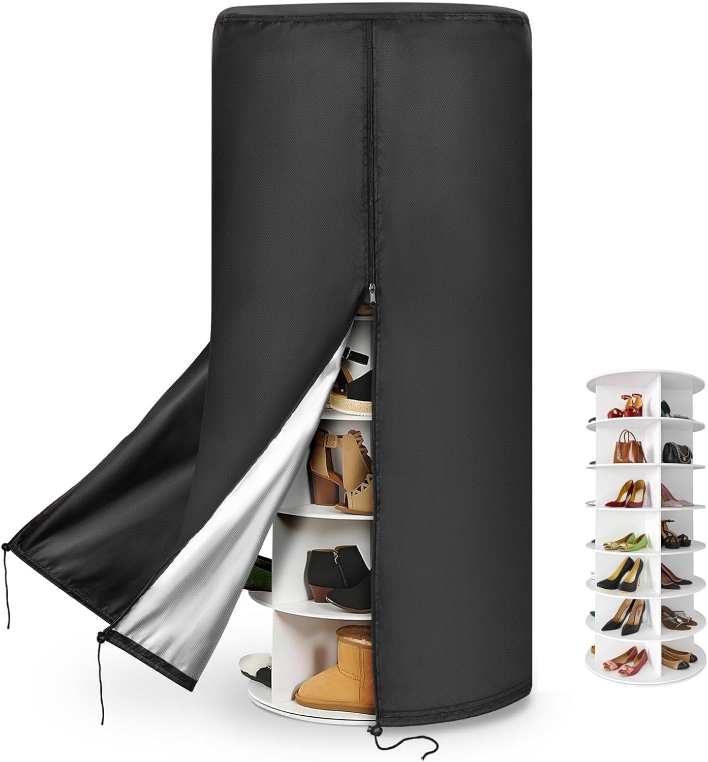 420D Black Rotating Shoe Rack Tower Cover,25" Diax63 H,Cover Only | Spinning Storage Tower Cover – Waterproof, Windproof, Adjustable Drawstring & Zippers,Pet-resistant
