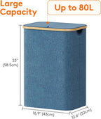 Lifewit 80L Laundry Basket with Lid, Clothes Hampers with Bamboo Handles and A Removable Laundry Bag, Large Foldable Hamper for Bedroom, Bathroom, Dorm, LaundryRoom, Dark Blue