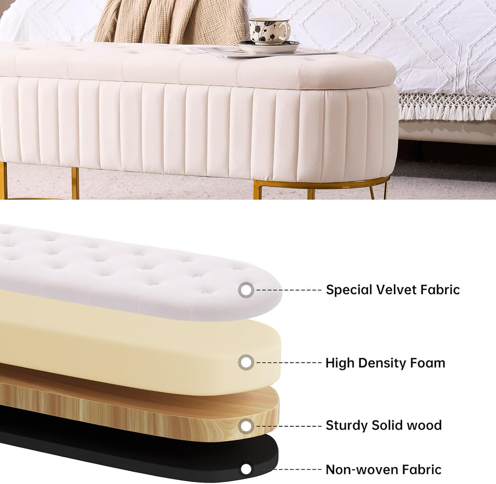 Tufted Storage Ottoman Bedroom Bench, 46" End of Bed Bench with Gold Metal Legs, Upholstered Footrest Stool for Dining, Living Room, Entryway and Hallway, Ivory