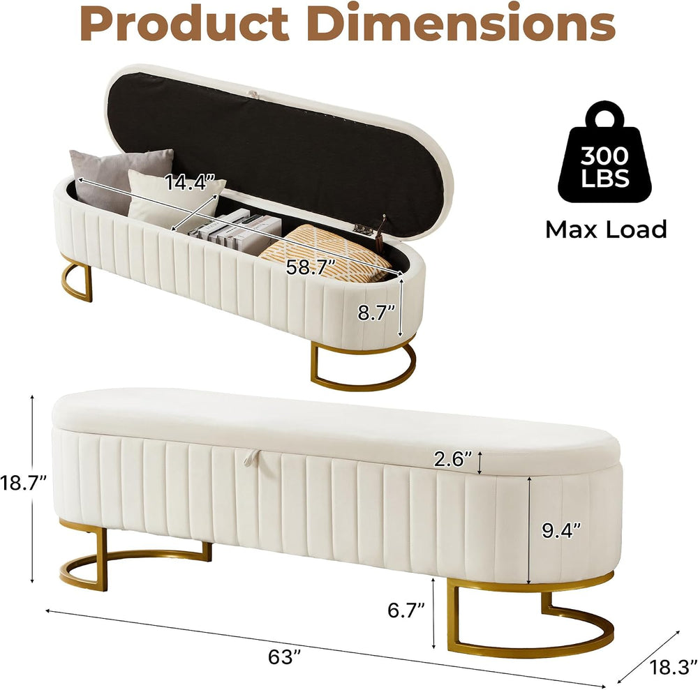 Storage Ottoman Bench, 63" Velvet End of Bed Bench Bedroom Bench King Si...