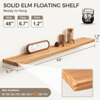 Fun Memories 48 Inch Floating Shelves for Wall, Solid Elm Wood Wall Shelf for Home Decor, Heavy-Duty Hardwood Floating Shelf for Bedroom, Bathroom, Living Room, Set of 1
