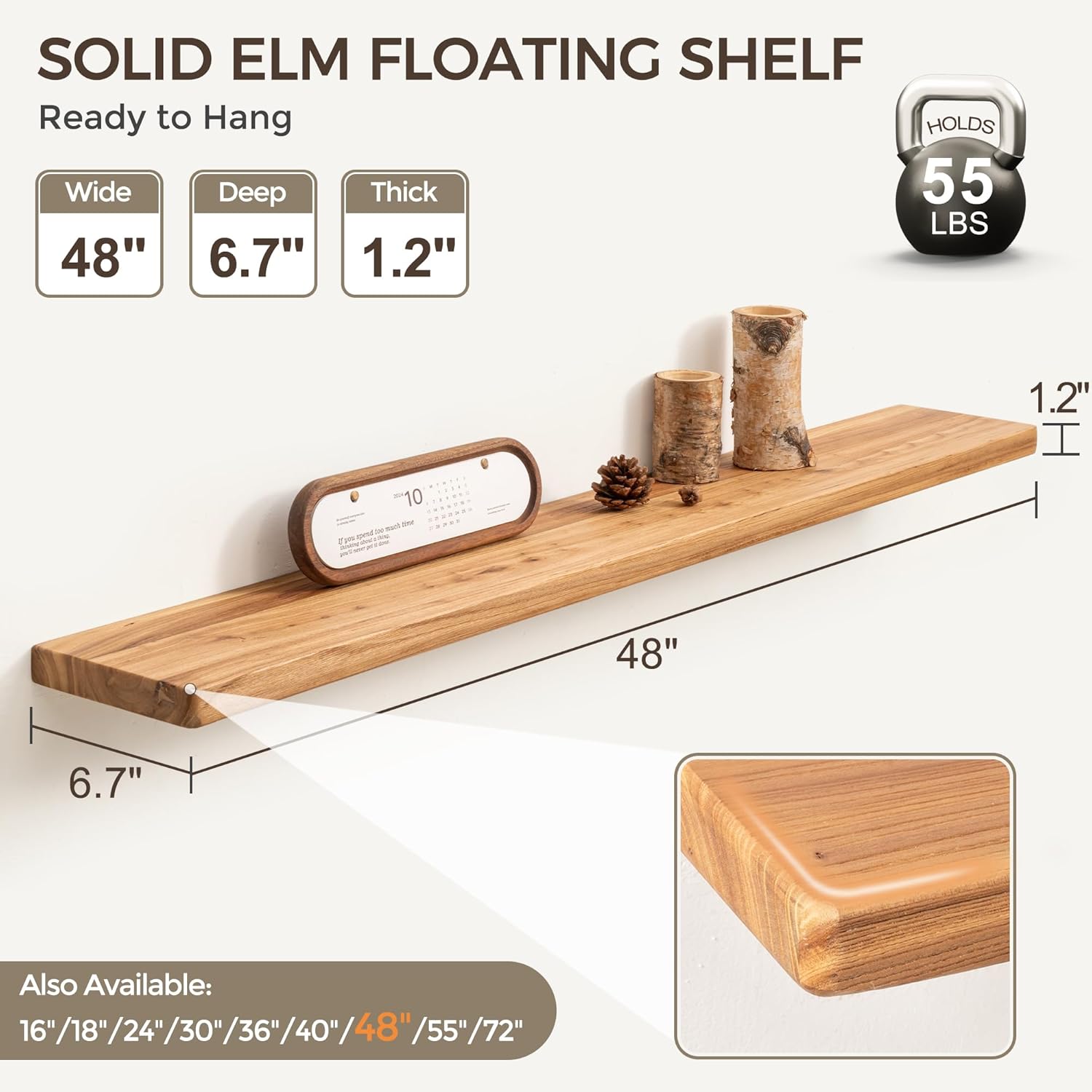 Fun Memories 48 Inch Floating Shelves for Wall, Solid Elm Wood Wall Shelf for Home Decor, Heavy-Duty Hardwood Floating Shelf for Bedroom, Bathroom, Living Room, Set of 1