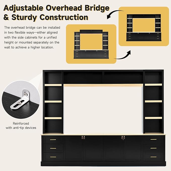 Merax 102.3 Inch Wide Farmhouse Entertainment Center, Rustic TV Stand with 6 Drawers & Adjustable Shelves, Large Media Console for TVs up to 75", Modern Bookshelves Wall Unit, Black