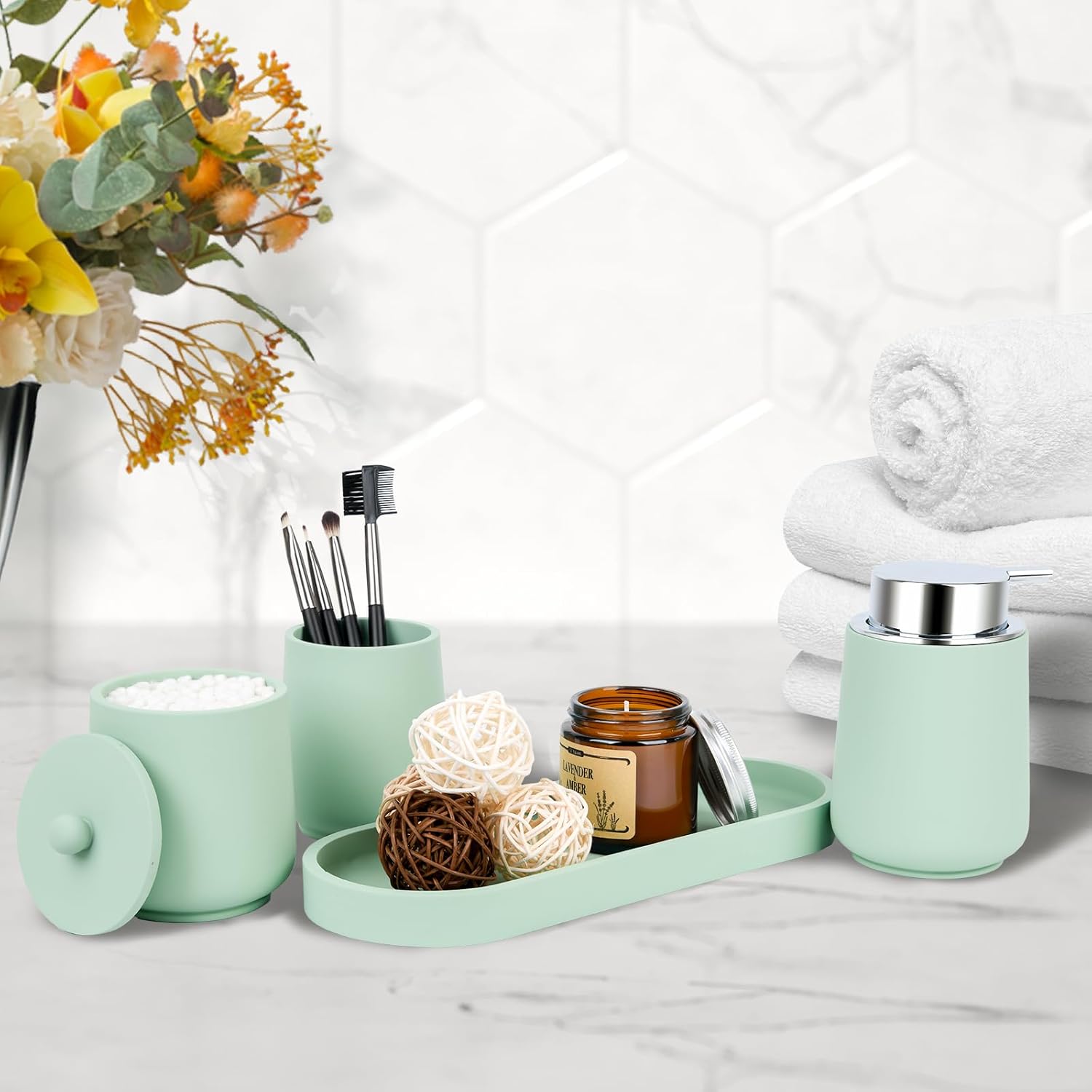 Green Bathroom Accessories Set - 4 Pcs Bathroom Accessory Set with Toothbrush Holder,Lotion Soap Dispenser,Qtip Holder Dispensr & Vanity Tray,Bathroom Countertop Vanity Oganizer - Green