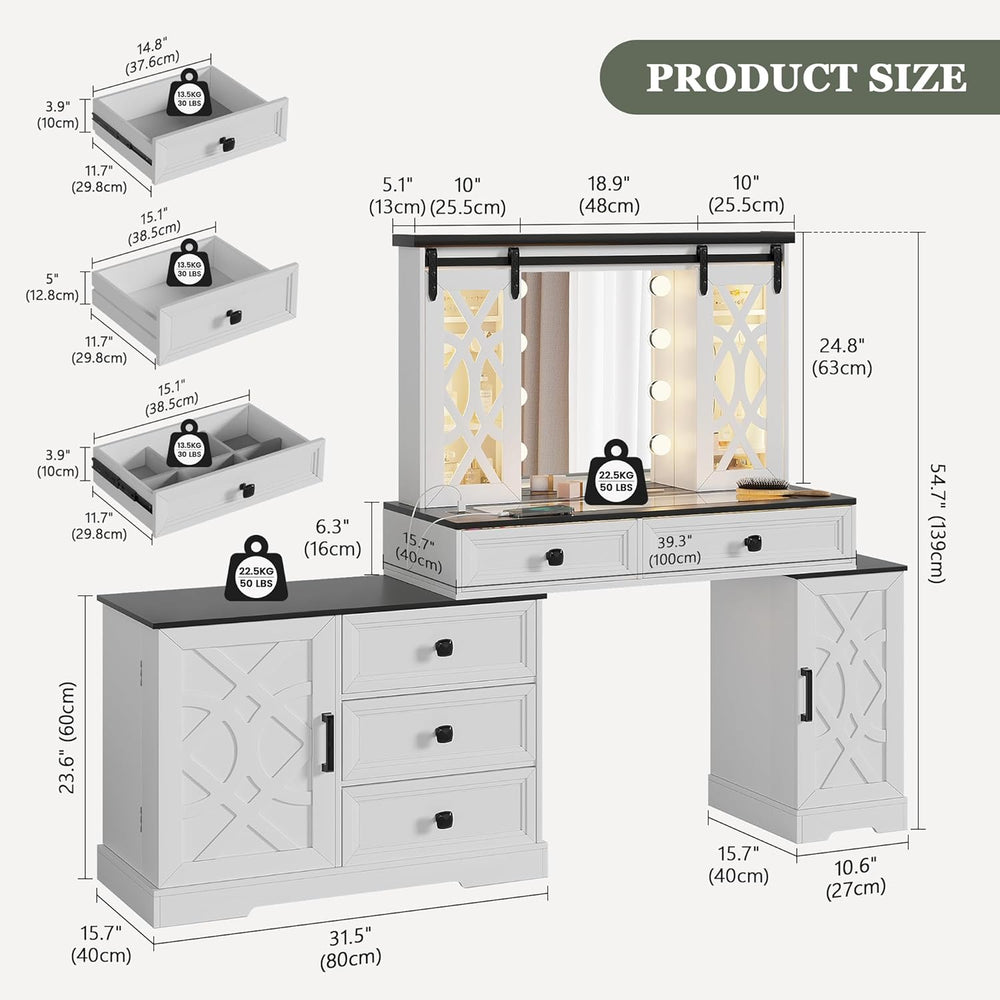 TAGELIER Farmhouse Large Makeup Vanity with Mirror & Lights | Vanity Desk...