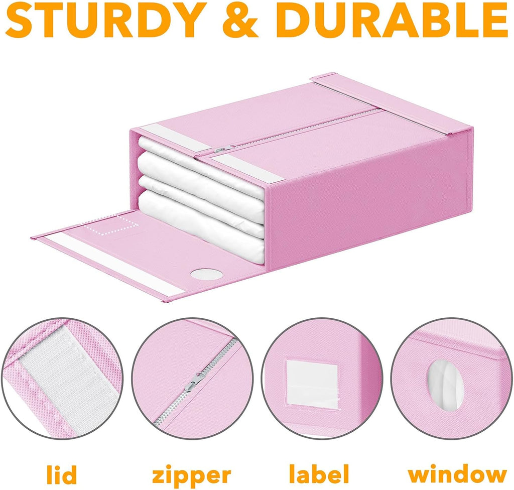 SpaceAid 4 Pack Bed Sheet Organizers and Storage, Foldable Sheet Organizer for Linen Closet, Sheets Set Folder Keeper with Window XL (Queen & King Size) Bedding Container (Pink, 4 Pack)
