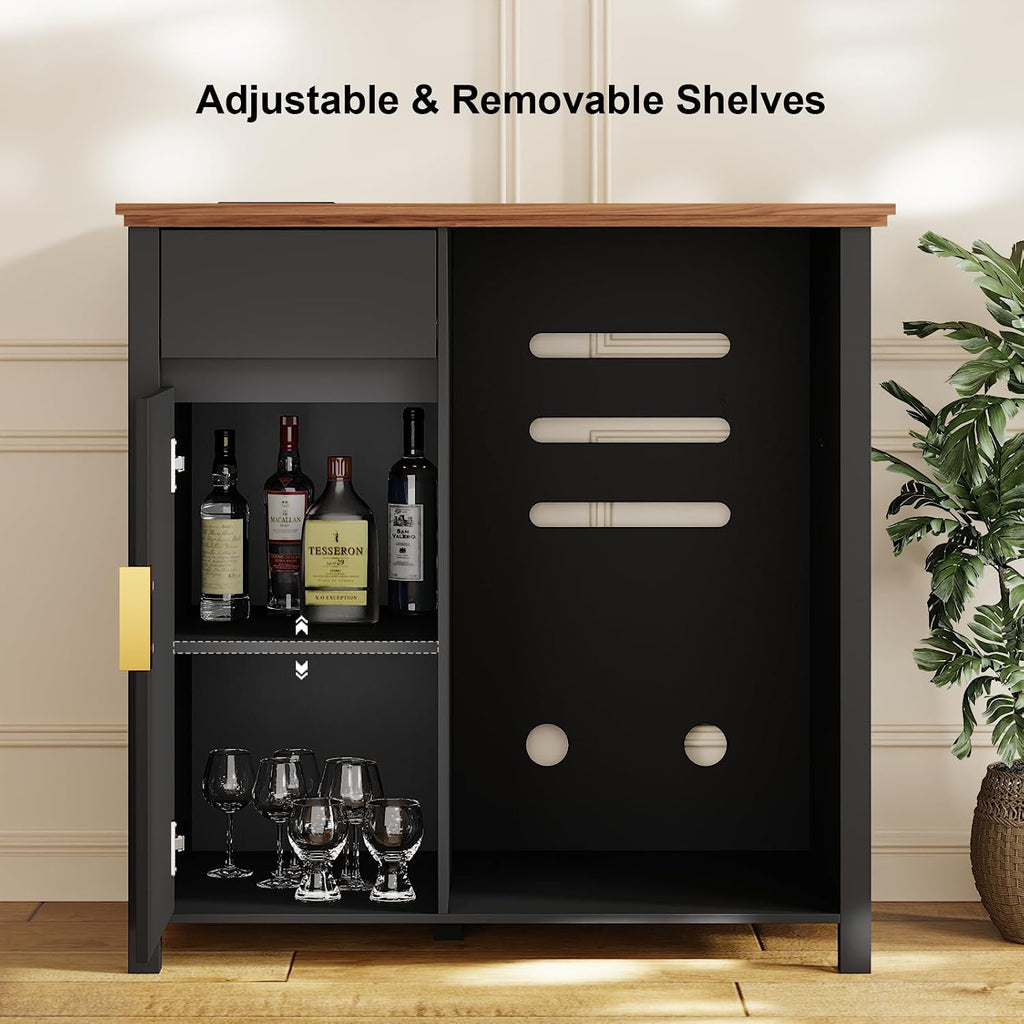 Mini Fridge Cabinet with Charging Station, Modern Fluted Coffee Bar Cabinet with Beverage and Wine Storage, Compact Coffee Bar with Mini Fridge Space for Kitchen, Dining Room or Living Room