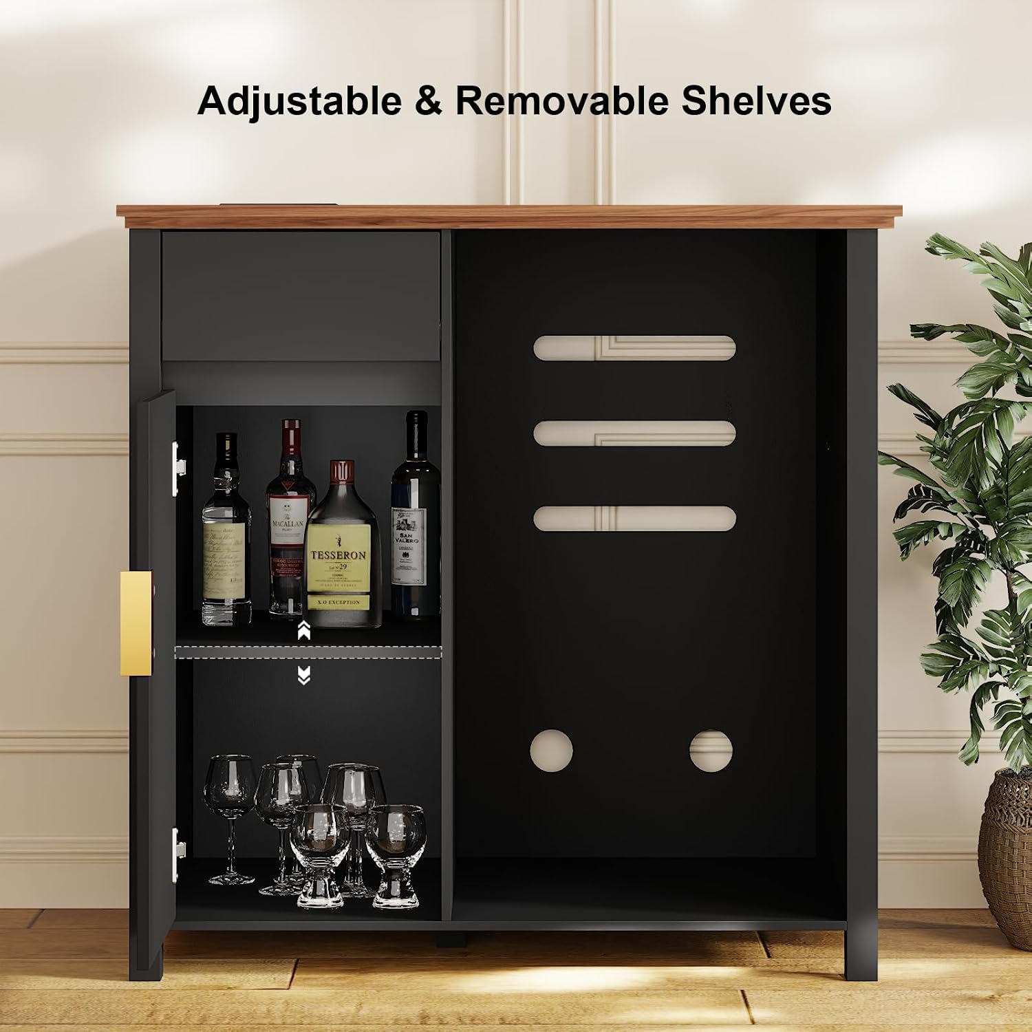 Mini Fridge Cabinet with Charging Station, Modern Fluted Coffee Bar Cabinet with Beverage and Wine Storage, Compact Coffee Bar with Mini Fridge Space for Kitchen, Dining Room or Living Room