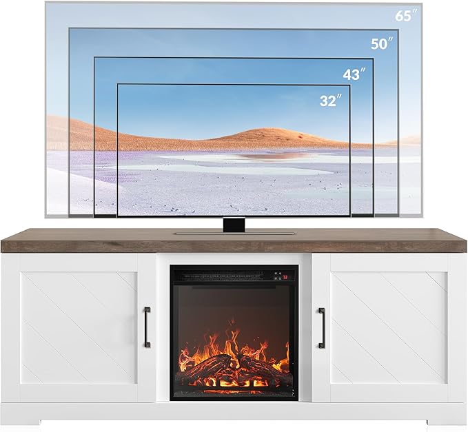 BELLEZE Modern 58" Farmhouse TV Stand with 18" Electric Fireplace Heater & Media Entertainment Center for TV up to 65", Console Table with Storage Cabinets - Hilo (White)