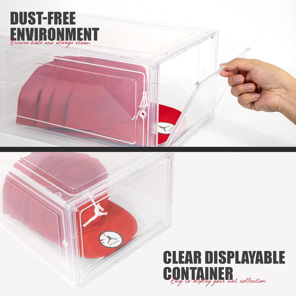 6 Pack Hat Organizer Box, Stackable Clear Baseball Caps Holder Box Containers with Magnetic Door for Hats Snapback Cap Storag, Hat Rack Display Case, Holds 8 Hats Each (Clear)