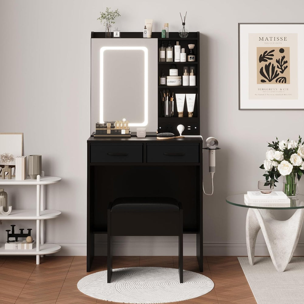 Black Makeup Vanity Desk with Mirror and Lights, Vanity Table Set with Chargi...