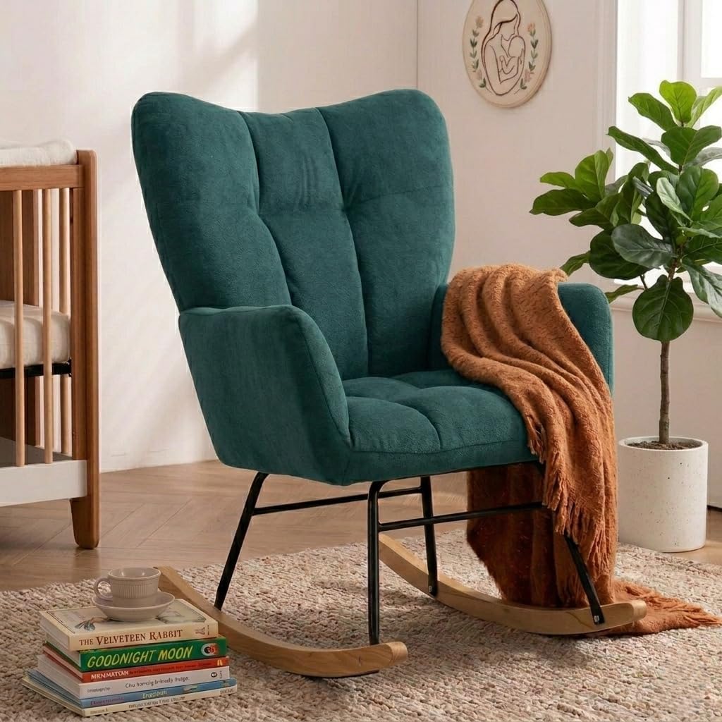 Nursery Rocking Chair, Rocking Chairs for Nursery, Green | Glider Rocker, Anti-Tip Safety Design, 440 Lb Weight Capacity, Cotton Fabric Cover, Padded Seat, for Living Room Bedroom