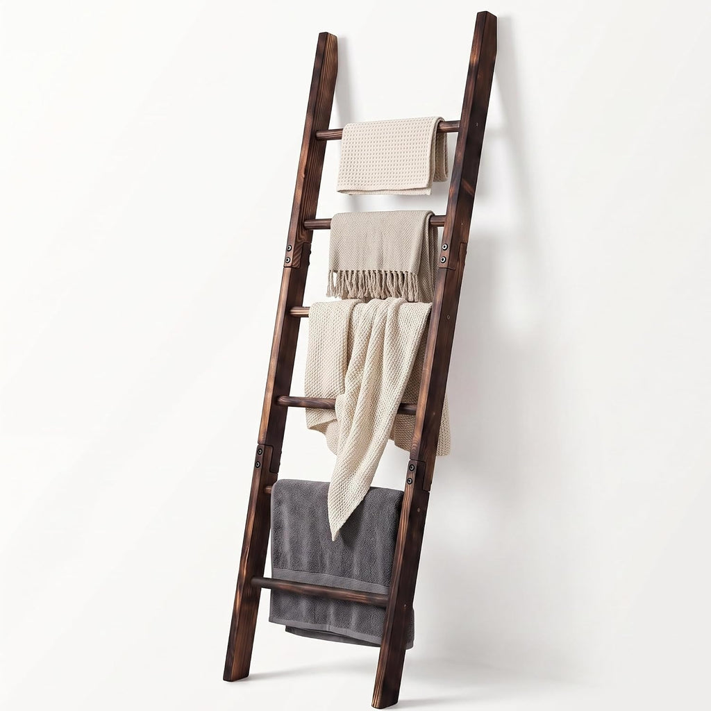 Carbonized Farmhouse Blanket Ladder, 6-Tier Rustic Wooden Rack | Reinforced Construction,3lbs Per Tier,Holds Clothes Scarves Belts,Christmas Decor Friendly,Fits All Home Styles,Easy to Clean