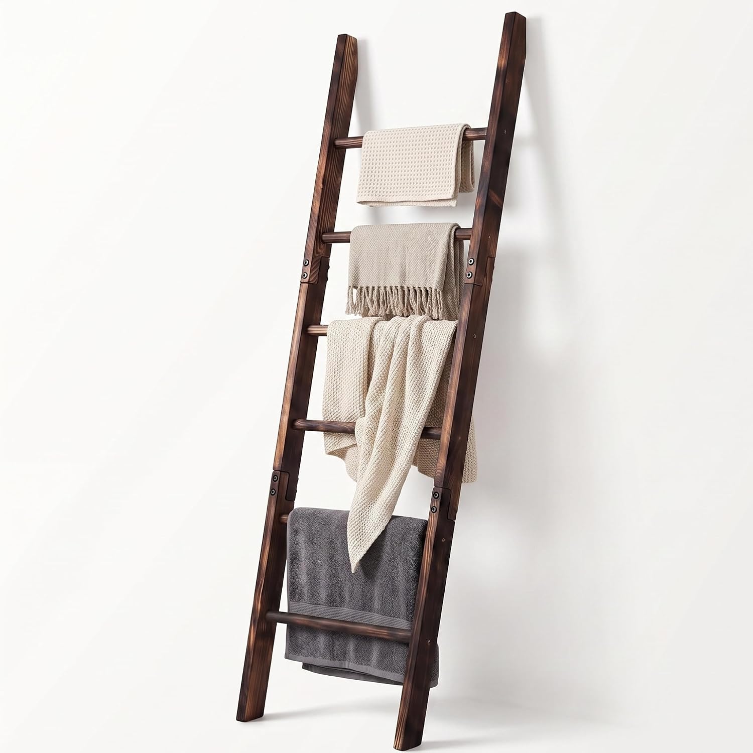 Carbonized Farmhouse Blanket Ladder, 6-Tier Rustic Wooden Rack | Reinforced Construction,3lbs Per Tier,Holds Clothes Scarves Belts,Christmas Decor Friendly,Fits All Home Styles,Easy to Clean