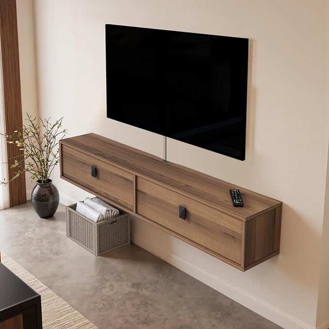 Solid Wood Floating TV Shelf, 55'' Wall Mounted TV Cabinet, Floating Shelves with 2 Doors, Wooden Mid-Century Entertainment Media Console Center Large Storage Under TV (Walnut)