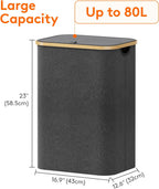 Lifewit 80L Laundry Basket with Lid, Clothes Hampers for Laundry with Bamboo Handles and A Removable Laundry Bag, Large Foldable Laundry Hamper for Bedroom, Bathroom, Dorm, Laundry Room, Dark Gray