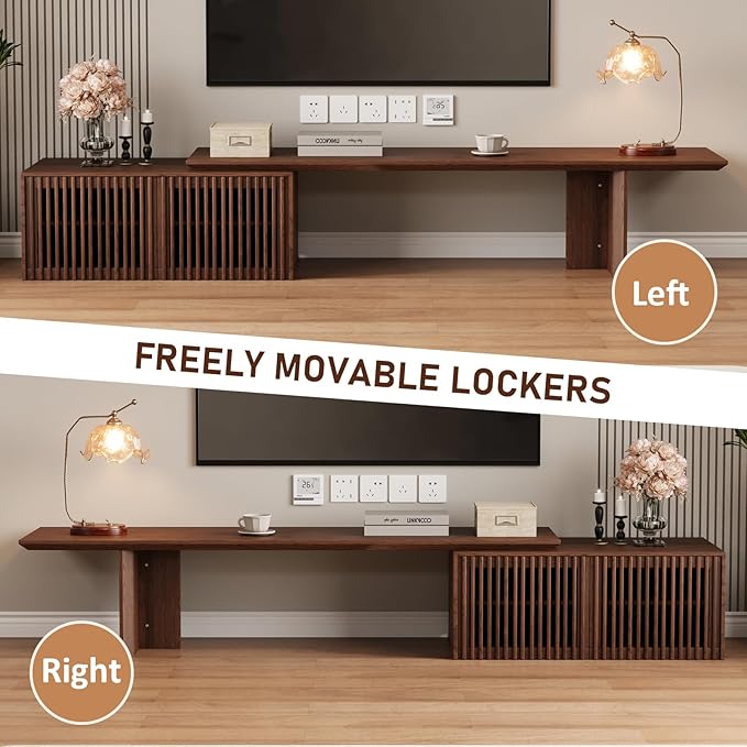 XEW Extendable TV Stand with Storage and Shelves, Wood Entertainment Center for 55+ Inch TV, Modern TV Console, Minimalist Media Console for Living Room, Bedroom-Walnut (Extendable: 78.7"-110")