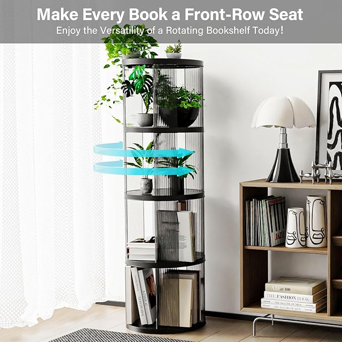 4 Tier Rotating Bookshelf, Small Corner Bookshelf for Small Space, 360 Display Floor Standing Bookcase, Lazy Susan Plastic Narrow Book Organizer for Bedroom, Living Room, Round, Black