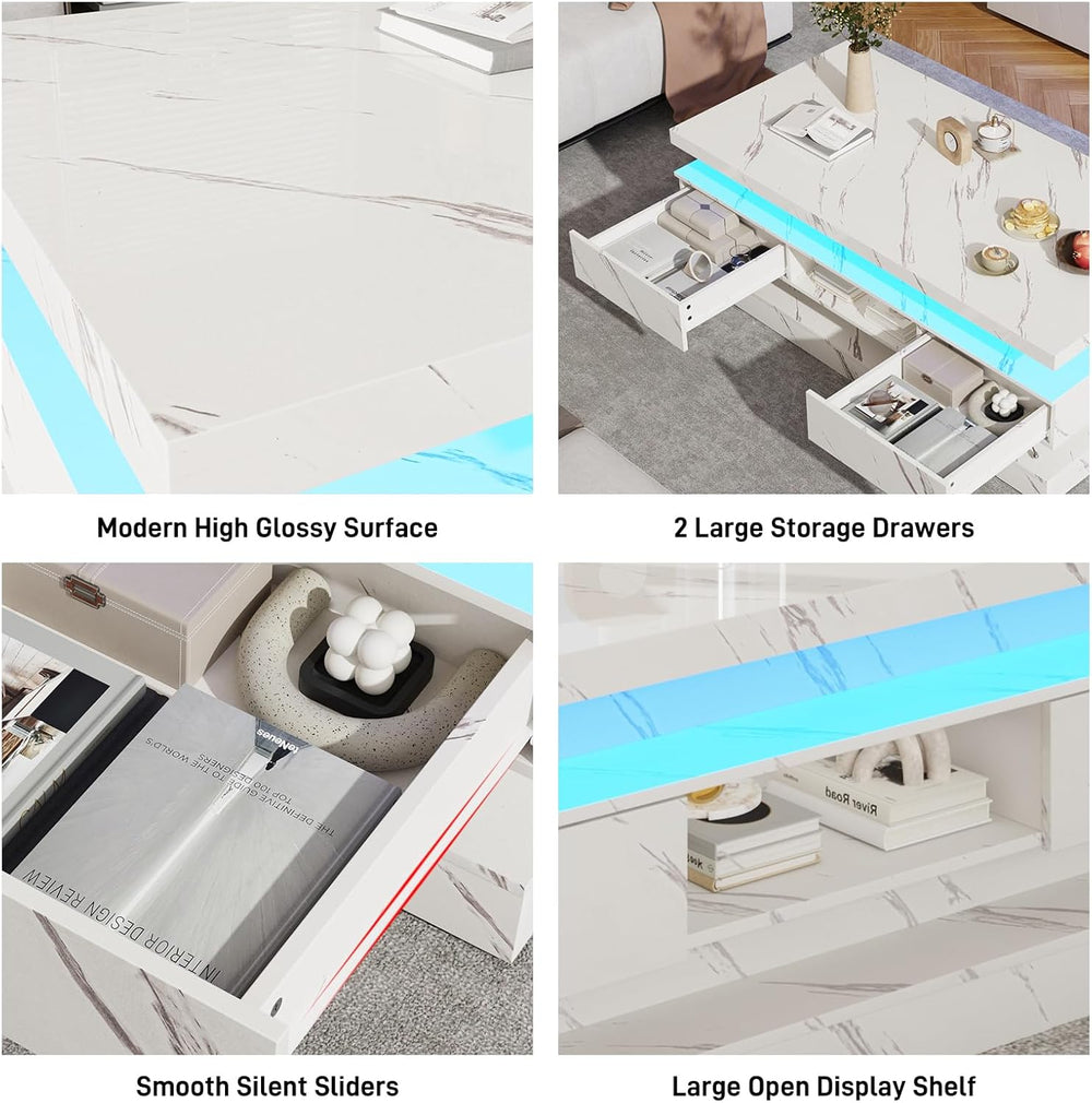 47.2 Inch Modern High Glossy LED Coffee Table with 2 Sliding Drawers, Double-...
