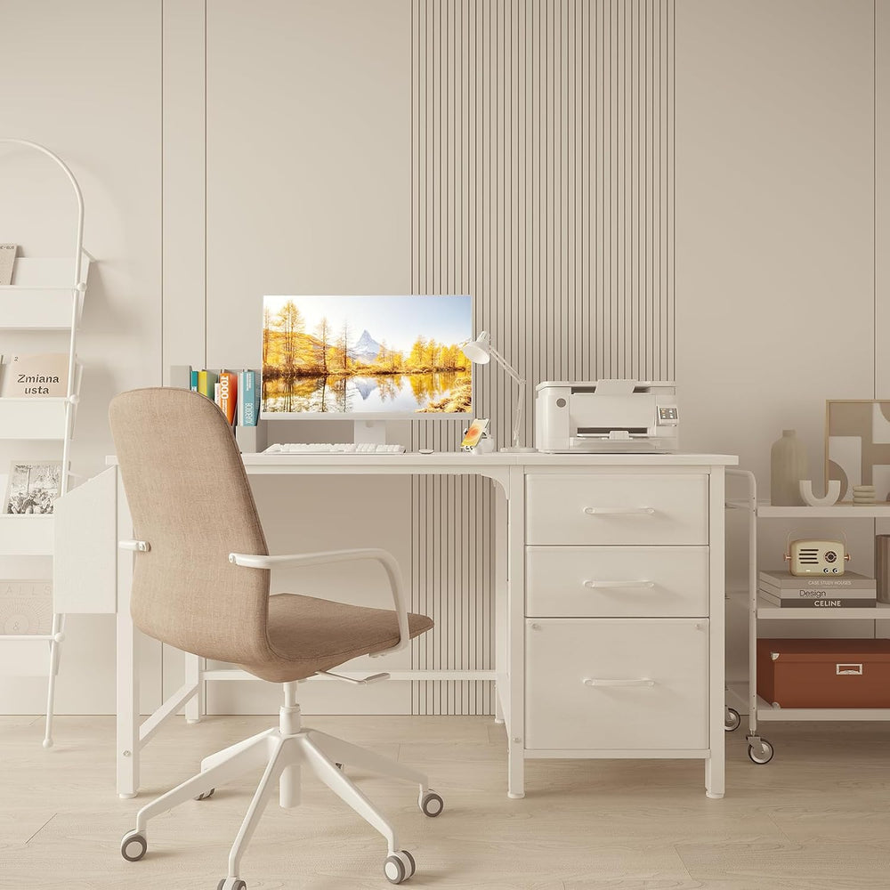 Lufeiya White Desk with File Drawers Cabinet, 47 Inch Reversible Computer Des...