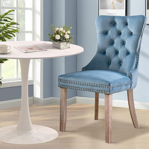 3-Pieces 31.5" Round Dining Table Set for 2, White Dining Table & 2 Velvet Upholstered Dining Chairs for Kitchen Dining Room Apartment Small Space(White Table & Sky Blue Chairs)