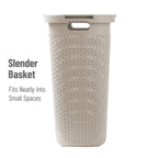 Mind Reader Slim Laundry Hamper with Lid, 60L Clothes Basket, Premium Wicker Design, Plastic, Ivory