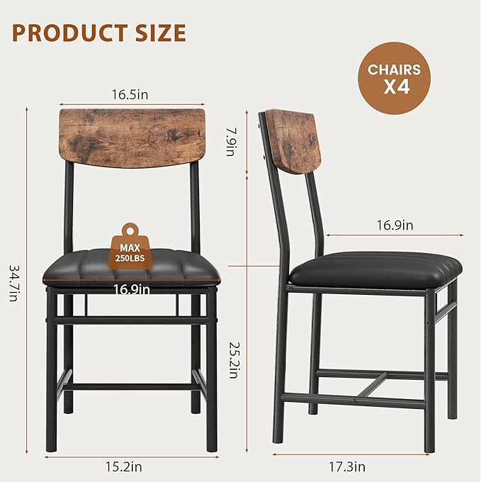 Industrial Dining Chairs Set of 6 - Upholstered Dining Room Chairs with PU Leather, Kitchen Chairs with Wooden Backrest and Thickened Metal Legs, for Dining Room, Living Room (6, Vintage)