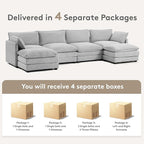 ROWHY 148'' Sectional Cloud Couch with 2 Ottomans, Oversized 4 Seat Sleeper Sofa with 2 Throw Pillows, Convertible Upholstered U Shaped Cozy Sofa Furniture Set for Living Room and Office, Light Grey