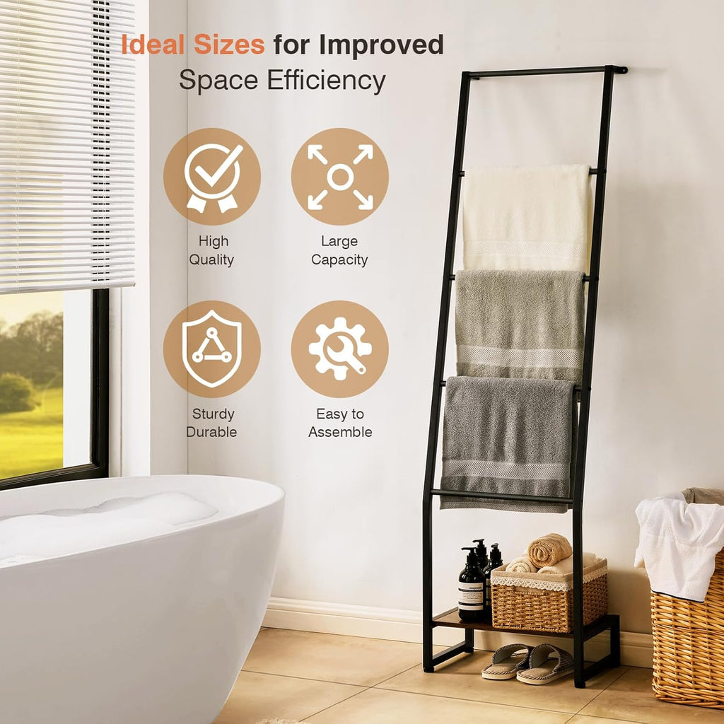 DGWJSU Blanket Ladder, 5 Tier Ladder Shelf,Wooden Blanket Ladders for Living Room and Bedroom, 5.2ft Blanket Holder Rack Farmhouse Ladder Rack for Storage and Home Decor, Rustic Brown and Black