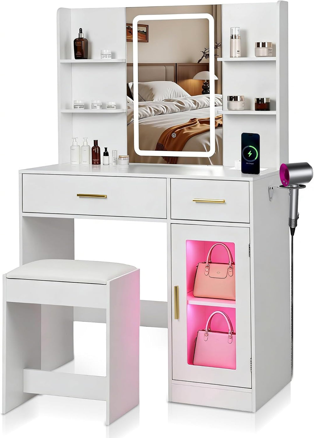 White LED Vanity Table with Three-Color Adjustable Light HD Mirror, USB Charg...