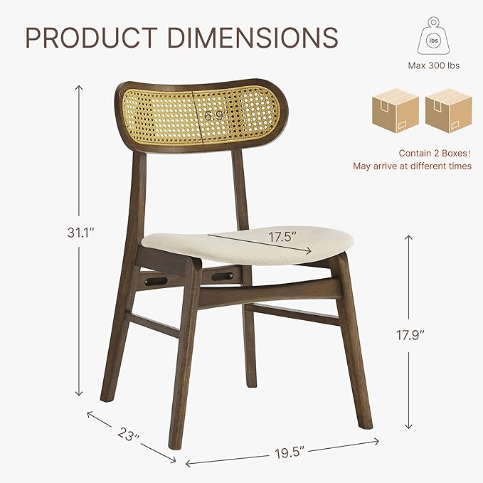Wooden Dining Chairs Set of 4, Upholstered Modern Dining Room Chairs, Mid Century Oak Wood Kitchen Chairs with Rattan Backrest for Farmhouse, Kitchen, Restaurant (Cream Fabric & Walnut Color)