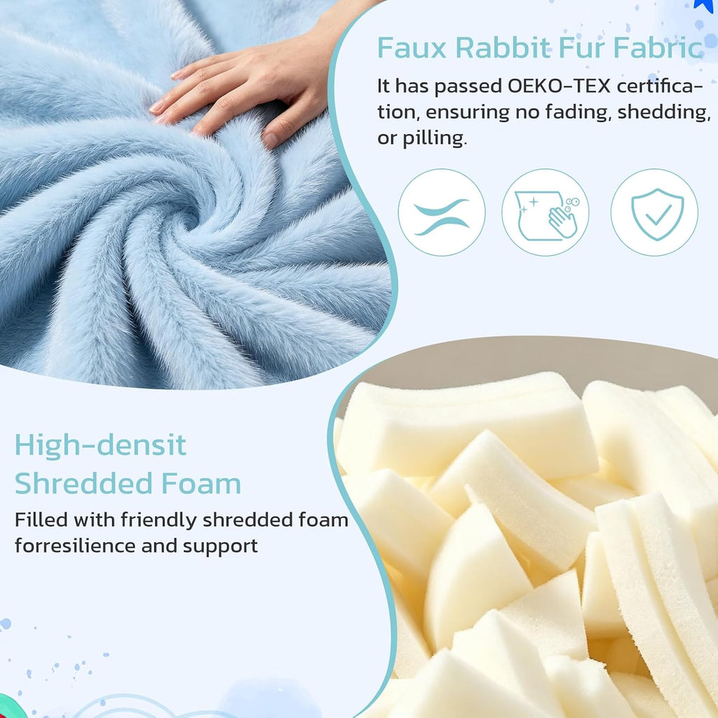 2FT Memory Foam Bean Bag Chair - Ultra Soft Faux Rabbit Fur Round Sofa with Handle & Machine Washable Cover, Comfy Lazy Chair for Kids Teens, Perfect for Reading Gaming in Living Room Bedroom, Blue