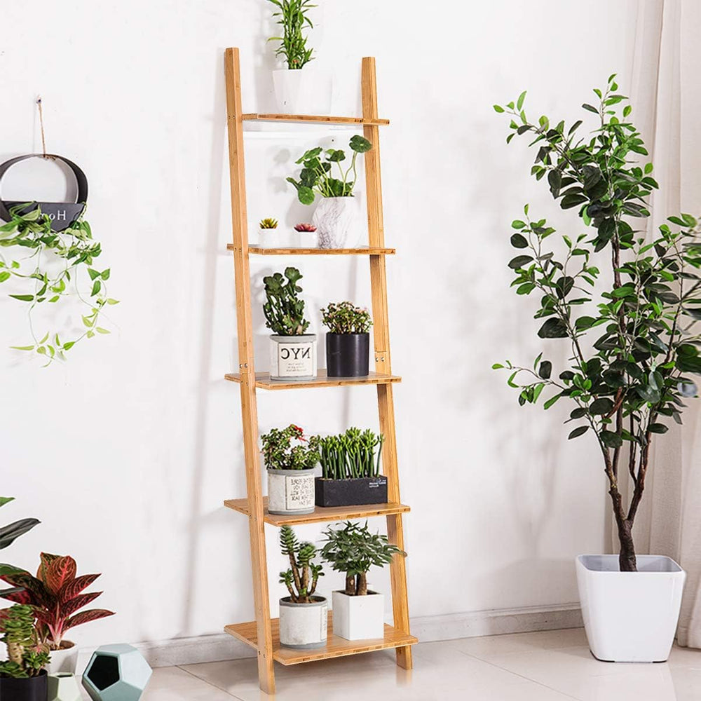 Tangkula Bamboo 5-Tier Ladder Shelf Bookshelf, Wall-Leaning Bookshelf, Plant ...