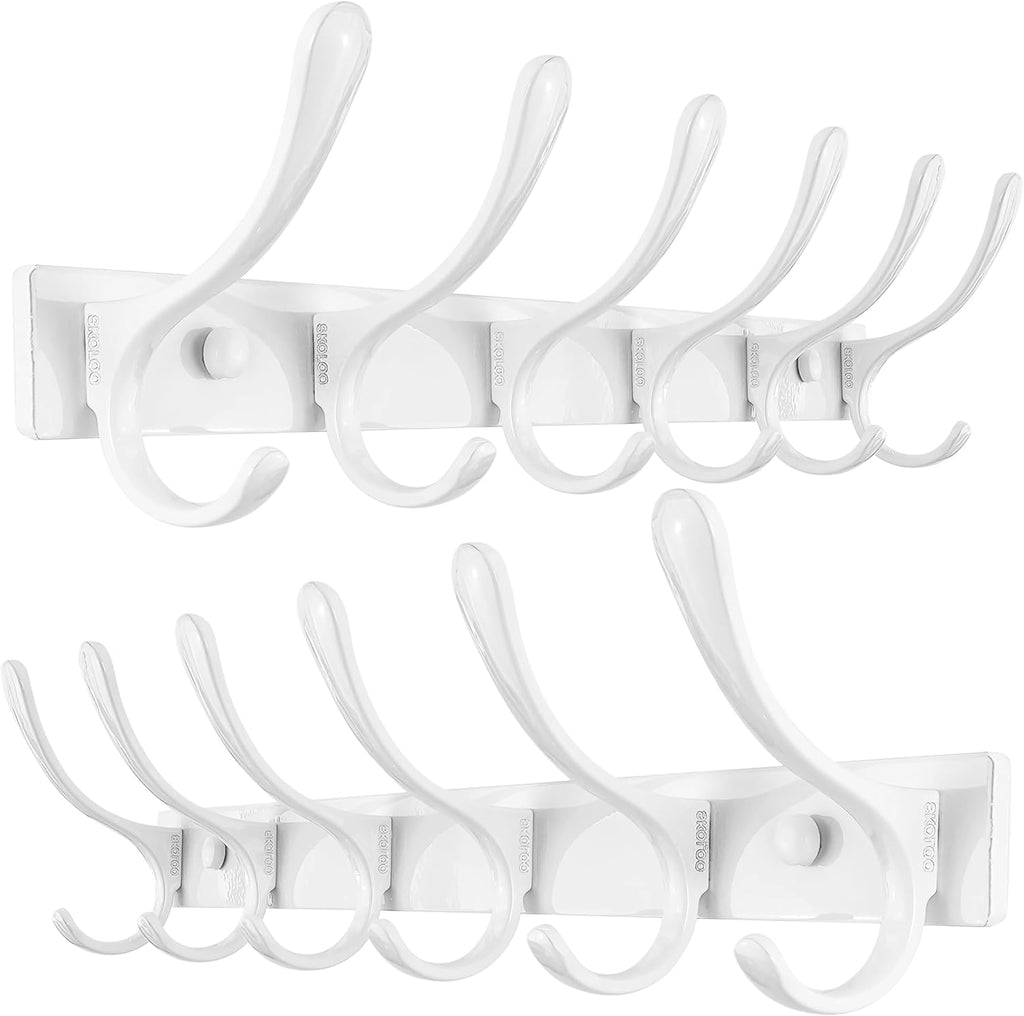 SKOLOO Heavy Duty Wall Mounted Coat Rack - 6 Hooks, Stainless Steel, Pack of 2, Sturdy Coat Hooks for Hanging Clothes, Jacket, Hat, White