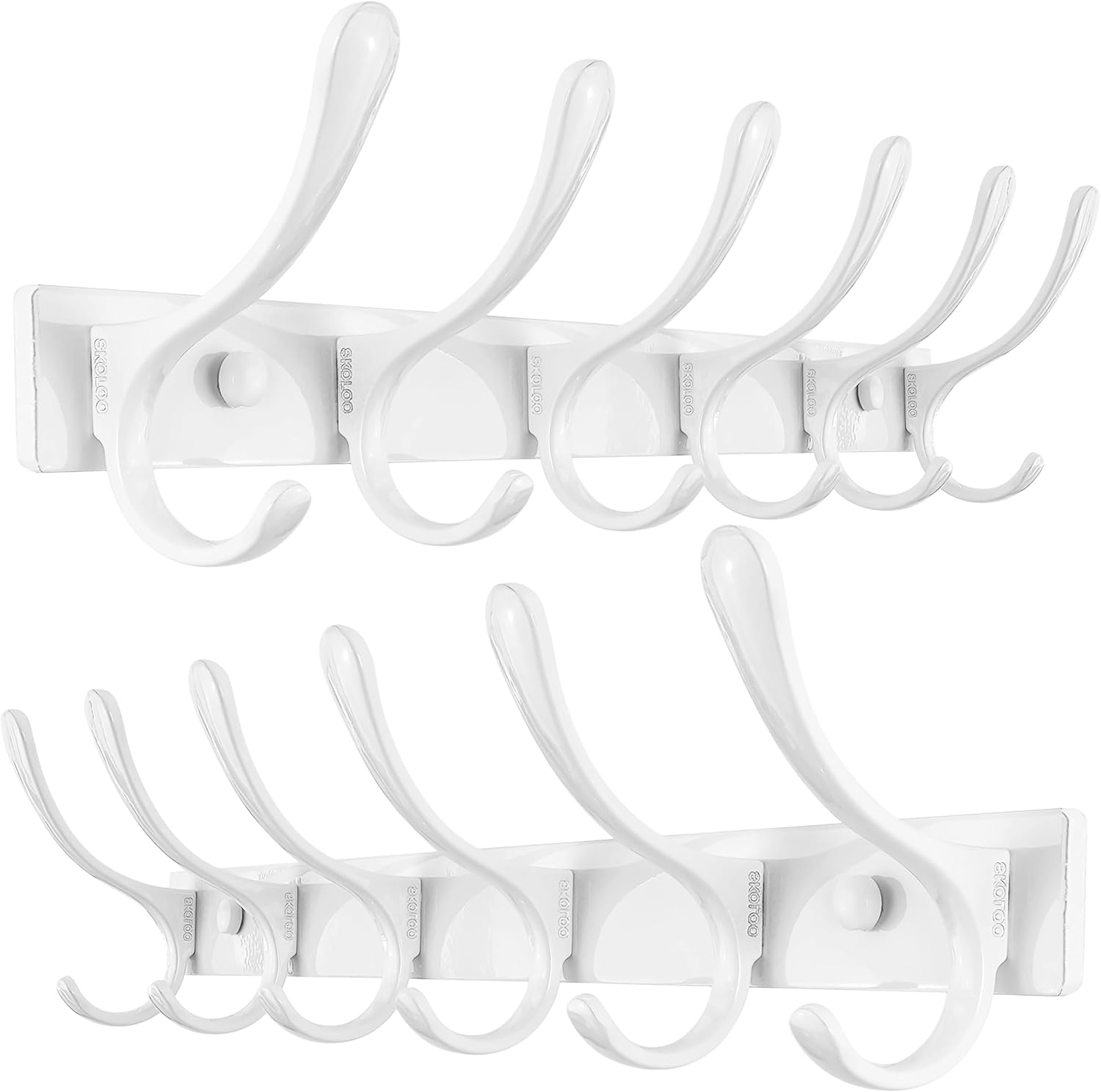 SKOLOO Heavy Duty Wall Mounted Coat Rack - 6 Hooks, Stainless Steel, Pack of 2, Sturdy Coat Hooks for Hanging Clothes, Jacket, Hat, White