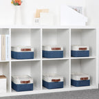 DULLEMELO Set of 6 Small Baskets for Organizing, Small Fabric Storage Bins for Toys Storage, Collapsible Storage Bins with Leather Handles for Shelves, Closets, Laundry, Nursery(White&Blue)