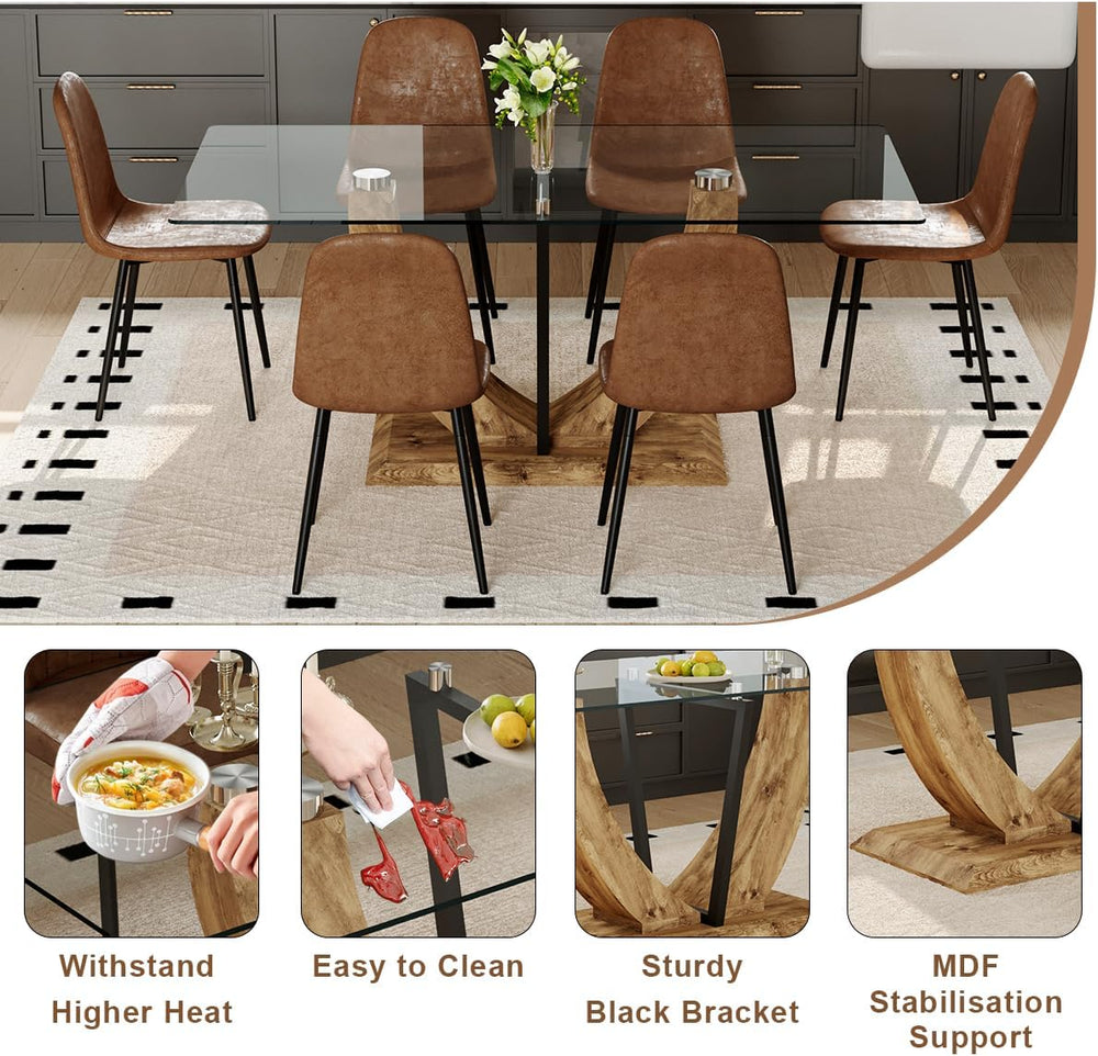 71" Glass Dining Table Set for 6, 7 Piece Dining Table Set,Tempered Glas...