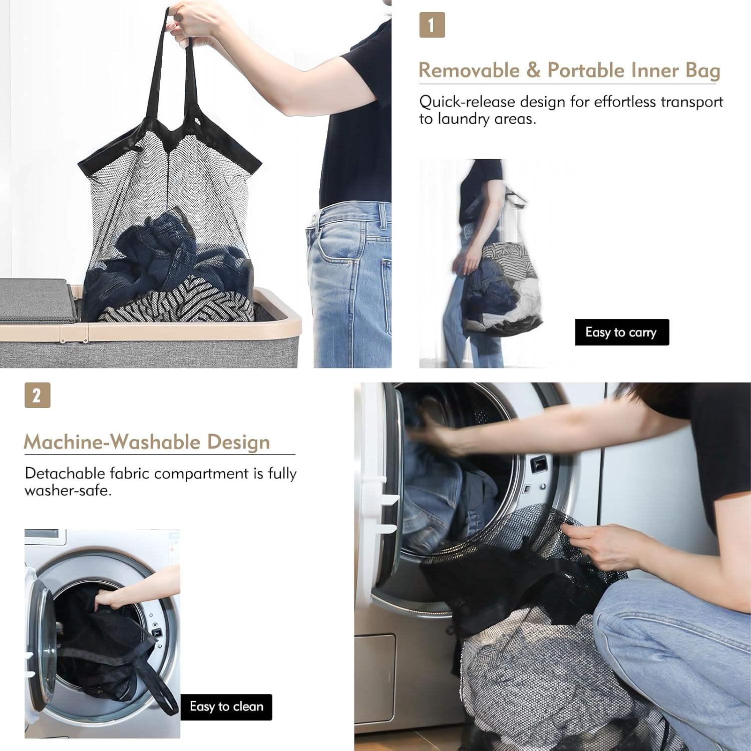 DOKEHOM 160L Double Laundry Basket with Removable Lid and Laundry Bags, Large Collapsible Laundry Hamper with 2 Sections (Grey)