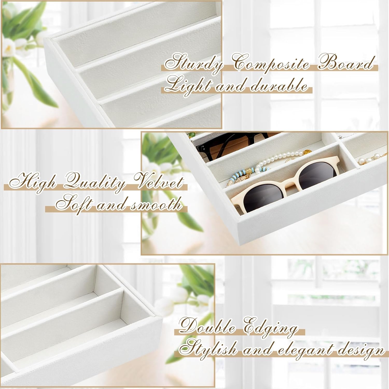 Amylove 2 Pcs Sunglass Organizer Trays Glasses Stackable Jewelry Trays Sunglass Organizer Display Box(18 Grids,Beige)
