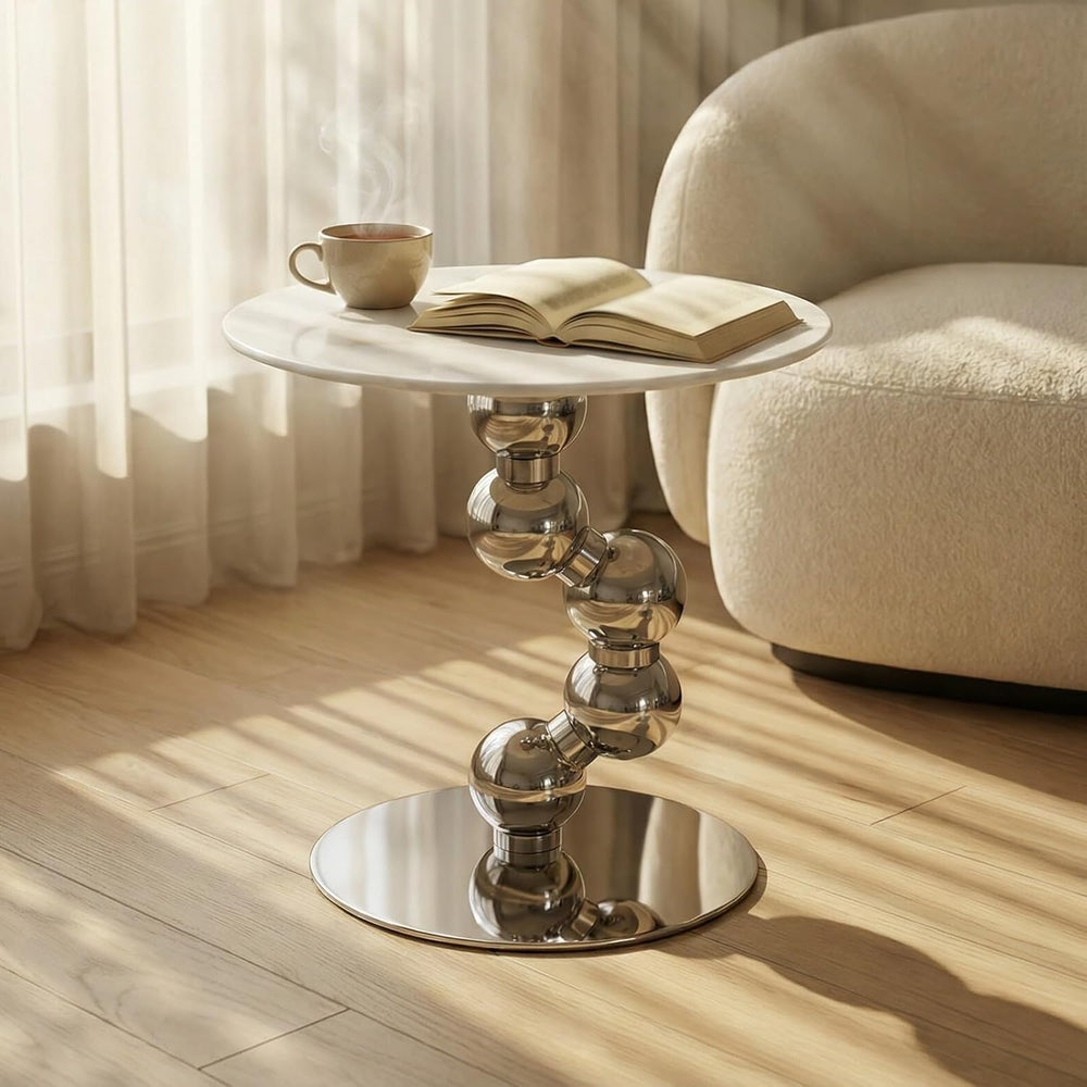 Small Round End Table, Marble Top Metal Side Table, Slim Accent Desk for Smal...