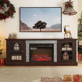 TV Stand with Electric Fireplace & Storage Cabinet, Entertainment Center with 2 Glass Door, Faux Stone Media Console Table for Living Room (Cherry,70" with Fireplace)