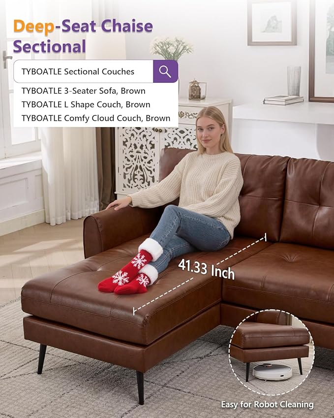 TYBOATLE 3 Seat L Shaped Leather Sectional Couches for Living Room, Faux Leather Couch w/USB & Type-C Charging Port, Small Sectional Sofa w/Deep-Seat Chaise (Brown)