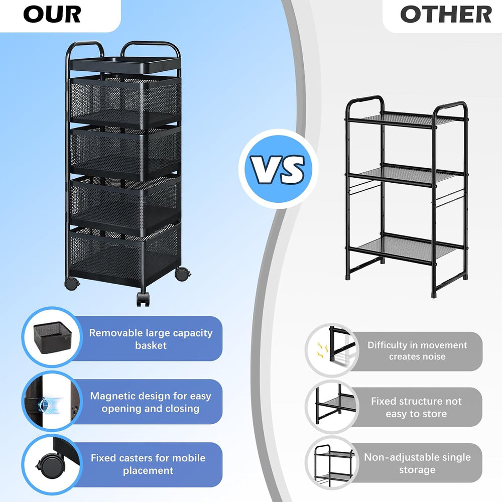 Rotating Kitchen Storage Rack, 4 Tier Rolling Cart with Fruit and Vegetable B...