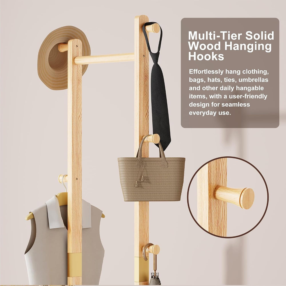 Solid Wood Coat Rack Freestanding, Clothing Rack with 5 Hooks & Bottom Sh...