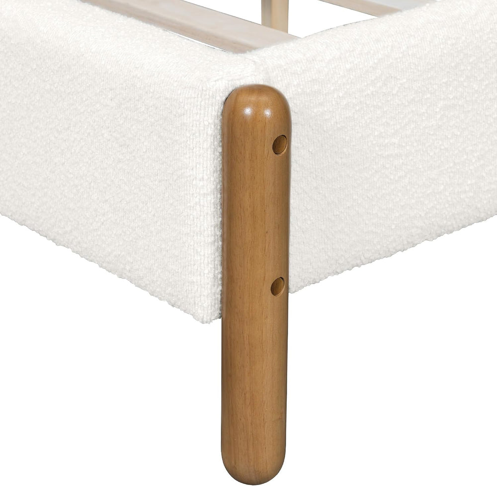 Peanu Queen Bed Frame, Boucle Upholstered Headboard, Solid Wood Legs, White