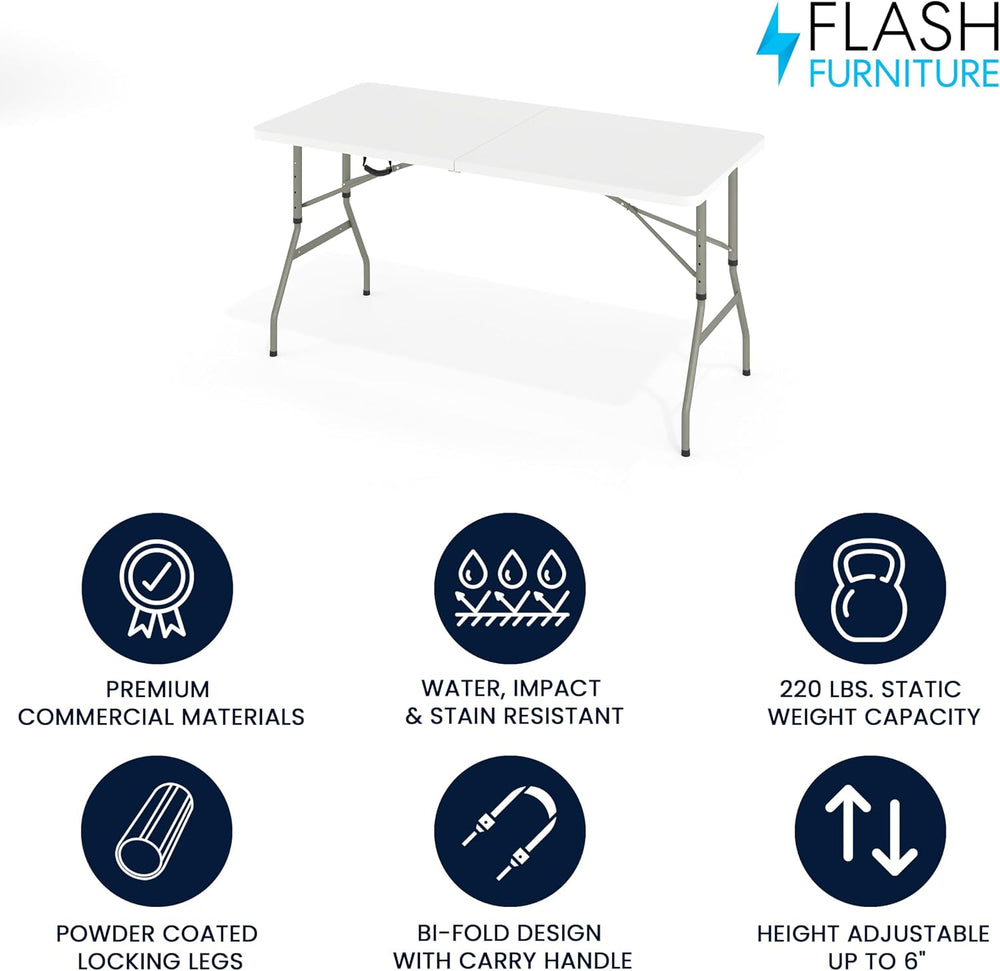 Flash Furniture 5 ft Plastic Bi-Fold Table, Granite White | Height Adjustable...