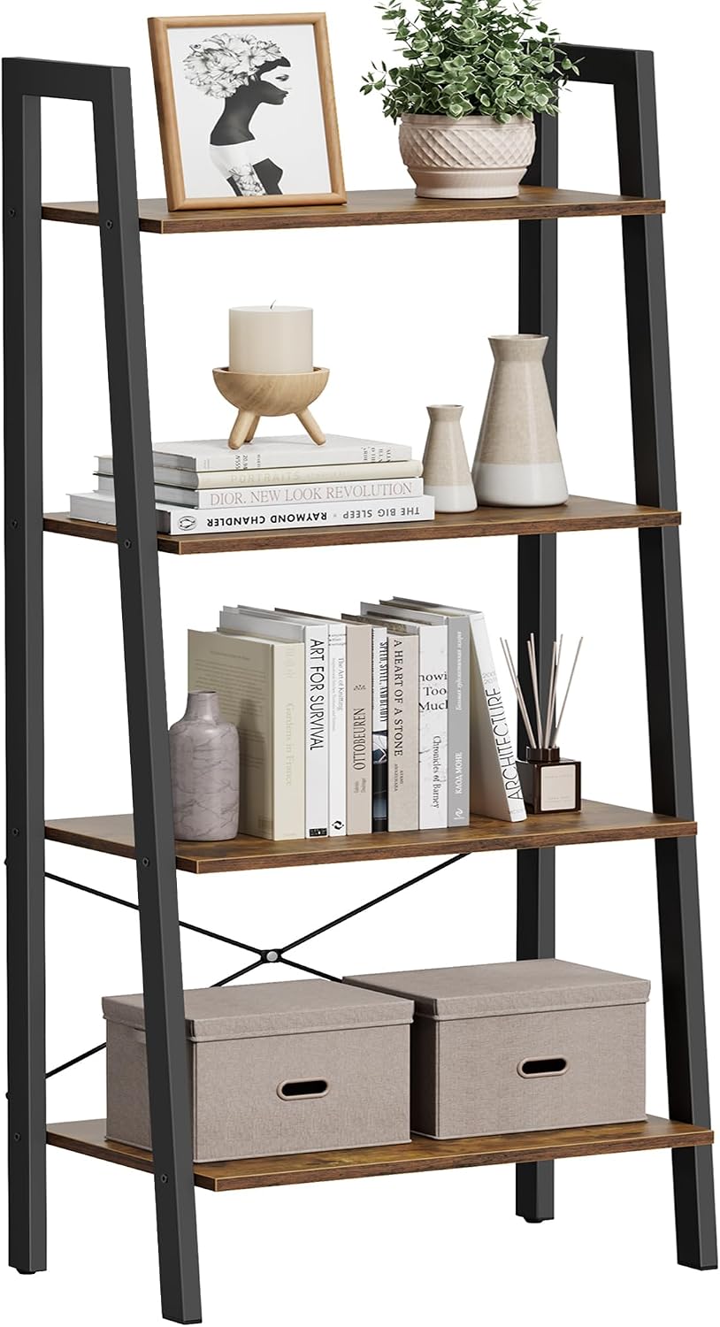 VASAGLE BARNET Collection - Ladder Shelf, Bookshelf, Storage Rack, Modern Bookcase for Living Room Home Office Kitchen, Steel Frame, 4-Tier, 22-Inch Wide, Rustic Brown and Ink Black ULLS44X