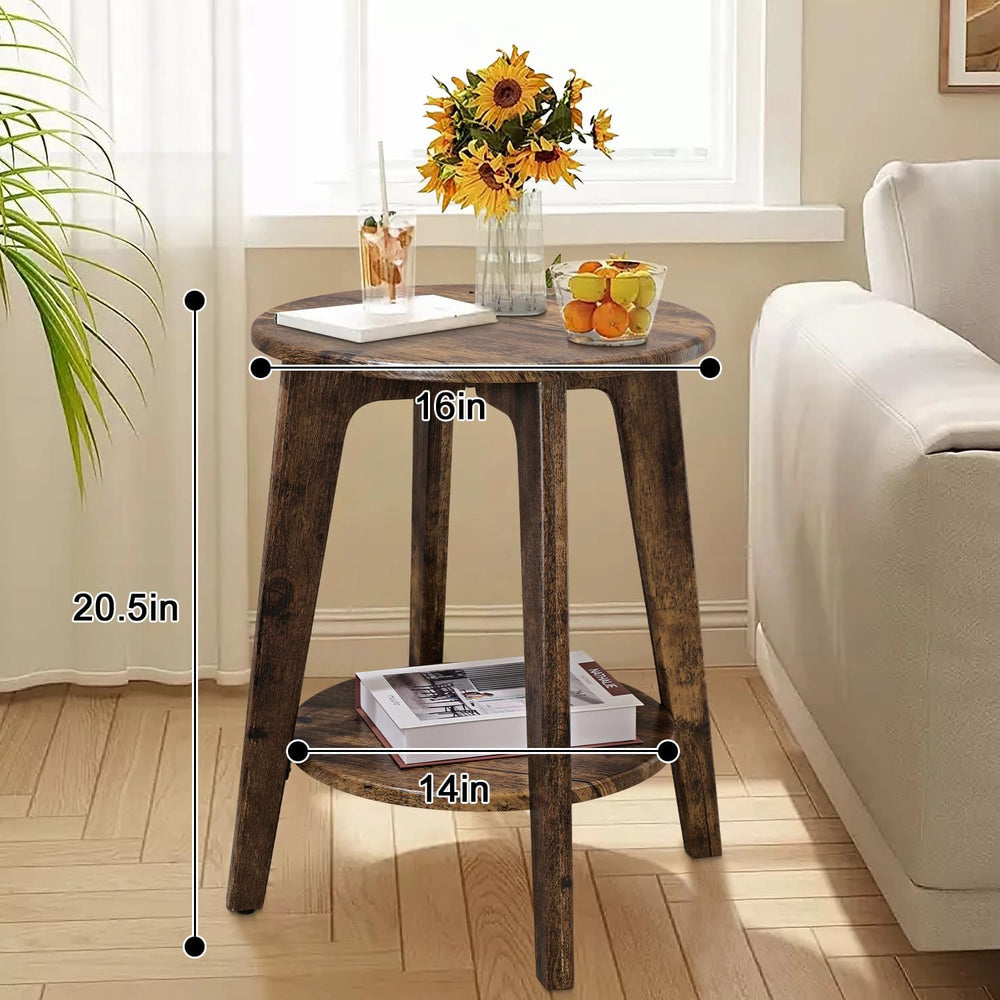 Small Round Side Table Wooden End Table with Lower Shelf Modern Nightstand Be...