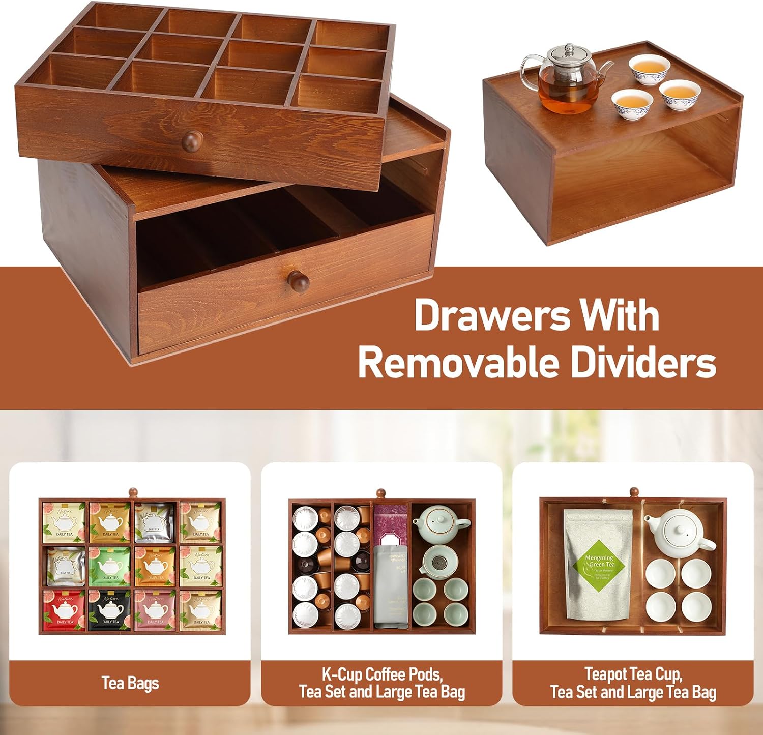 Acacia Wood Tea Bag Organizer, Tea Organizers and Storage Box, Double-Drawer Tea Box - Tea and Coffee Organizer,Multi-Functional Tea Station Chest,Wooden Tea Tray and Containers for Countertop Display